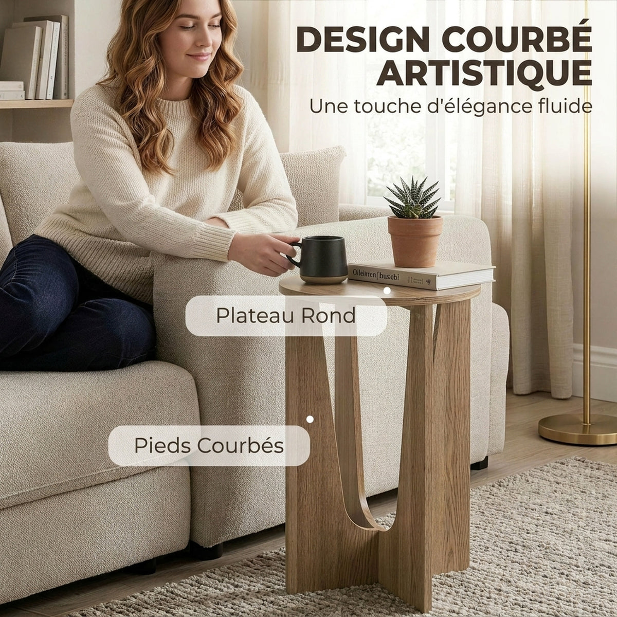 Table d'Appoint Ronde, Table de Salon avec Pieds Incurvés, Style Rustique, pour Salon, Chambre, Effet Bois Café-3