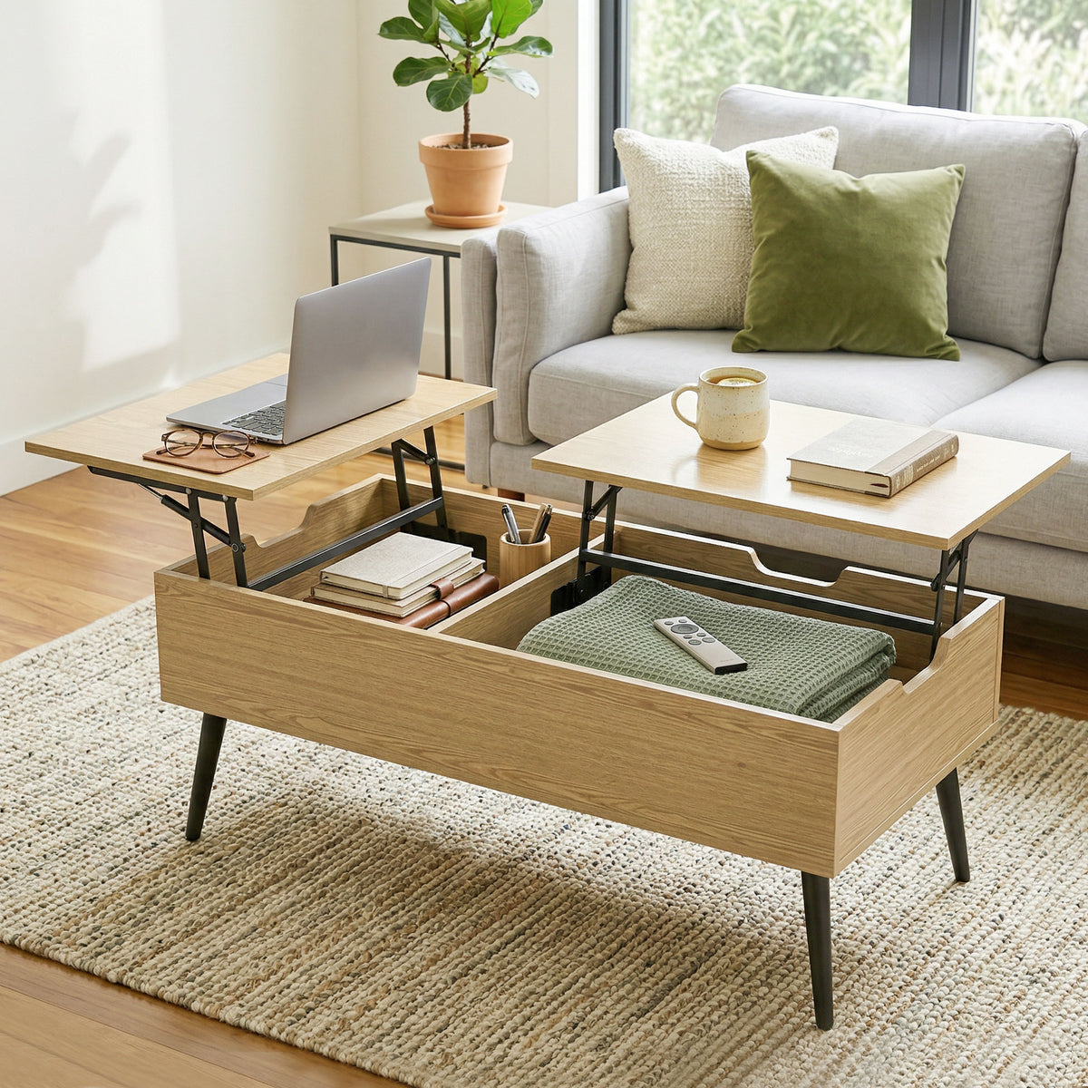 Table basse relevable avec double plateau, table de salon avec compartiment caché et pieds en métal, bois naturel-1