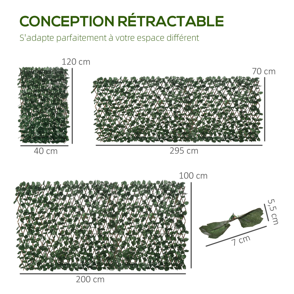 Haie artificielle feuilles murale brise-vue 2 panneaux longueur ajustable 295 x 70 cm treillis extensible en PE vert-3
