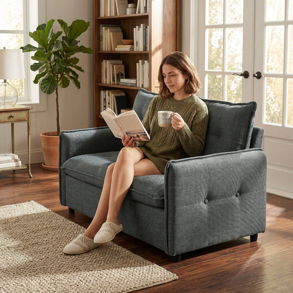 Canapé 2 places, canapé de salon moderne 131 cm avec assise rembourrée, coussins à ressorts, tissu en lin, gris foncé-5