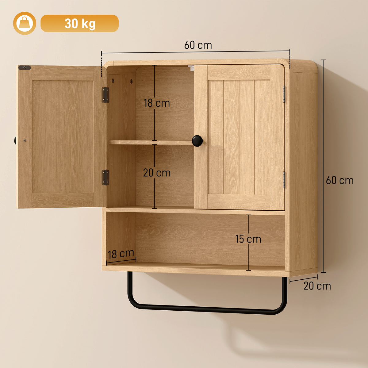 Armoire murale de salle de bain, meuble de rangement suspendu avec 2 portes, étagère ouverte, porte-serviettes, chêne-2