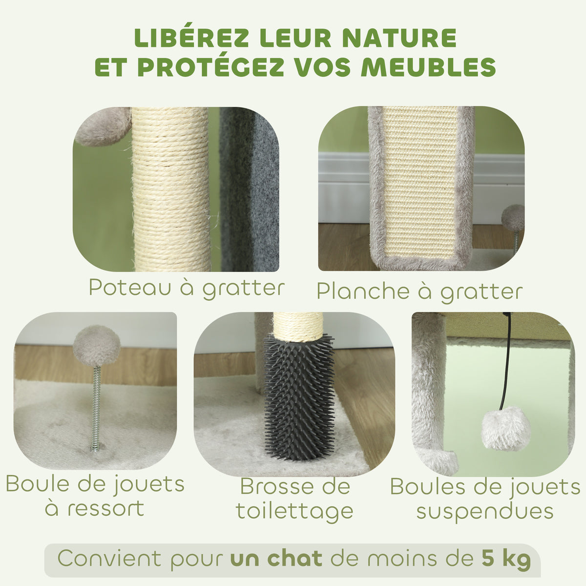 Arbre à chat, tour de jeux, hauteur de 104 cm, avec lit maison, brosse de toilettage,  44l x 34P x 104H cm, gris clair-4