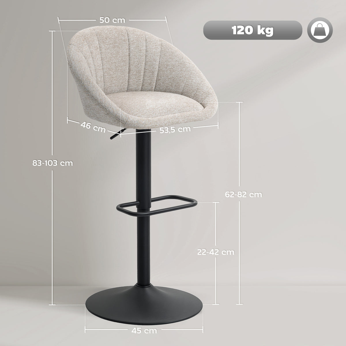 Lot de 2 tabourets de bar, chaises de bar hauteur réglable avec dossier et accoudoirs, repose-pieds, beige-2