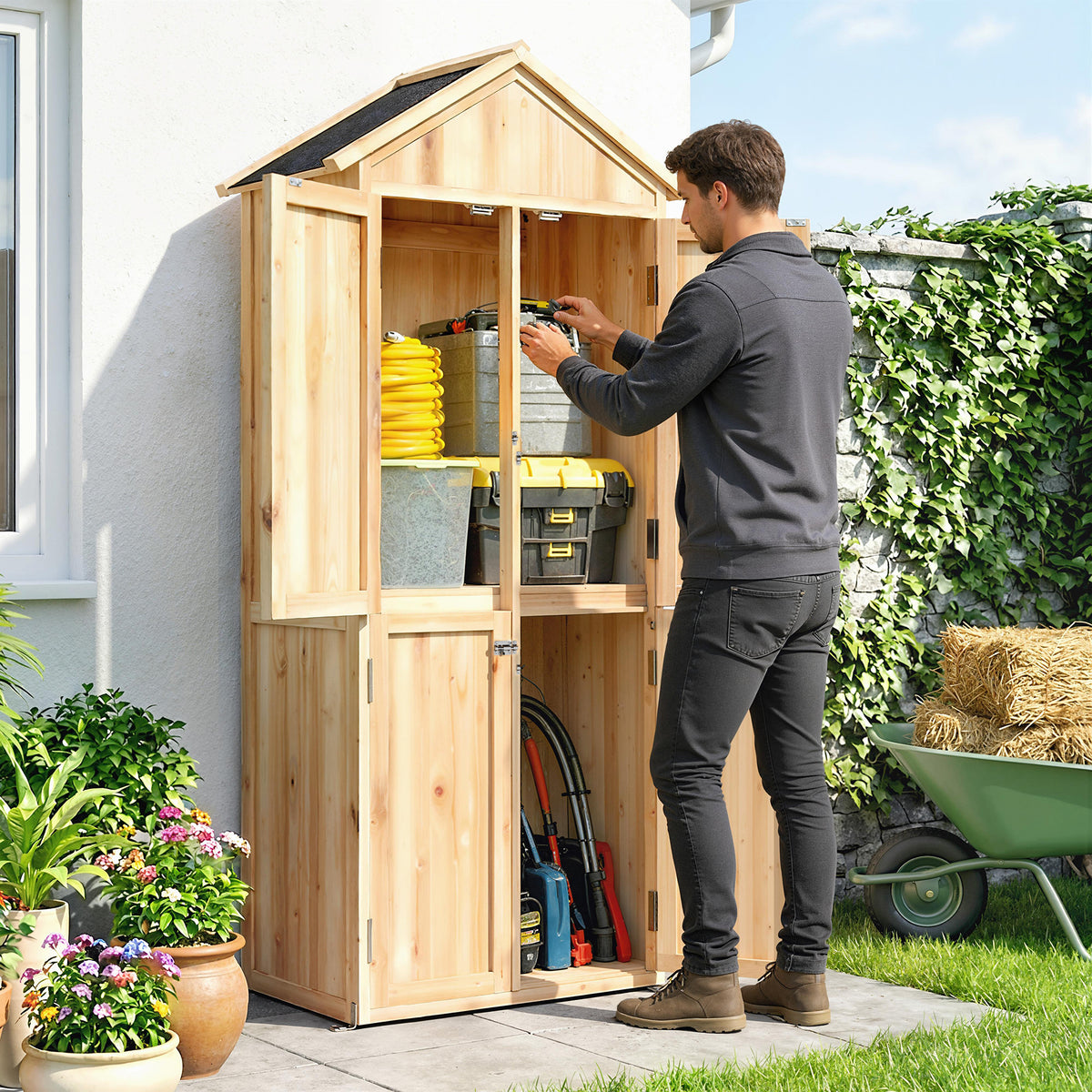 Armoire de Jardin en Bois Abri à Outils Rangement Extérieur Toit en Pointe en Asphalte 82x50x190cm Bois Naturel-9
