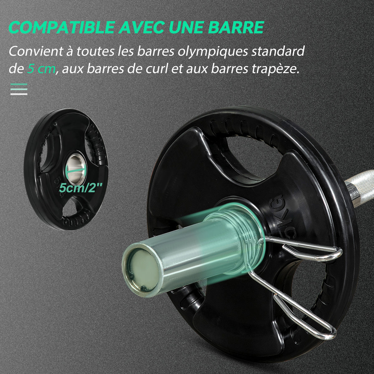 Disques de poids en fonte, plaques de poids 2 x 5 kg, à 3 poignées avec trous de Ø 50 mm, couverture en caoutchouc, noir-4