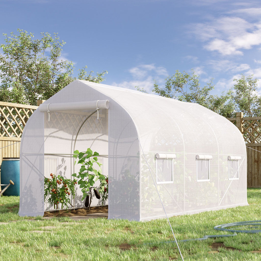 Serre tunnel de jardin 8m², serre de jardin tunnel avec 1 portes et 6 fenêtres, bâche PE 140g/m² 400x200x200cm blanc-9