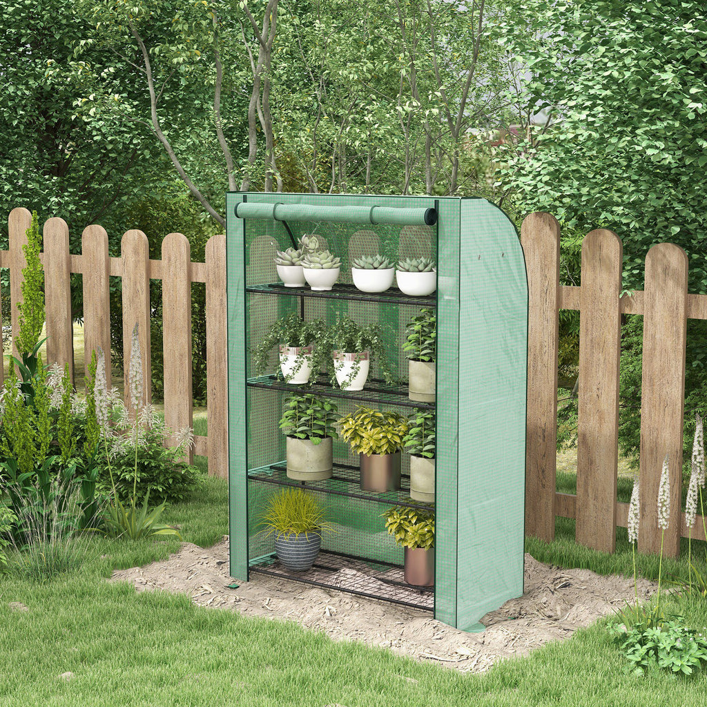 Mini serre de jardin à 4 étages avec bâche PE renforcée, porte enroulable et étagères 120 x 50 x 170 cm, vert-1