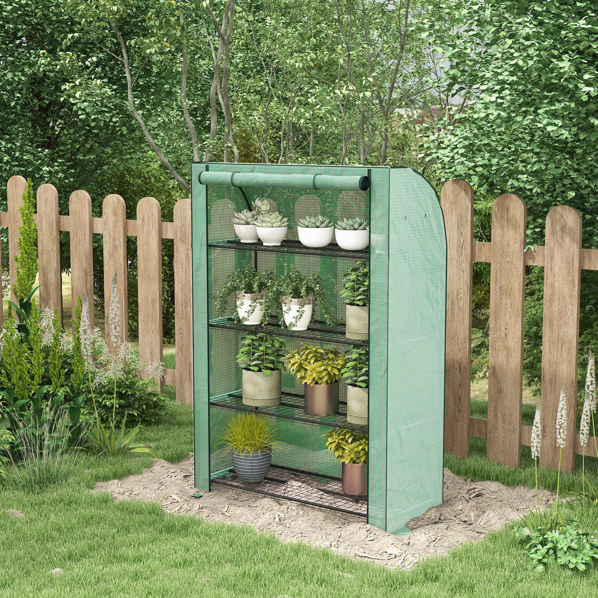 Mini serre de jardin à 4 étages avec bâche PE renforcée, porte enroulable et étagères 120 x 50 x 170 cm, vert-1