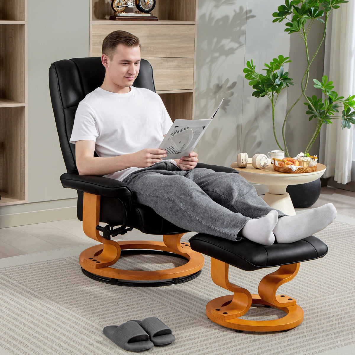Fauteuil de relaxation inclinable avec repose-pied, pivotant, cadre en bois , revêtement synthétique noir-1
