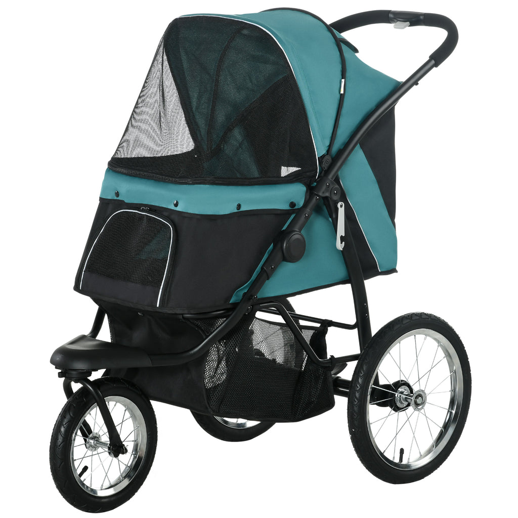 Poussette pour Chien Pliable Tout Terrain, Roue Avant Verrouillable, Coussin, Auvent Réglable, 111x58x107cm, Vert Foncé-0