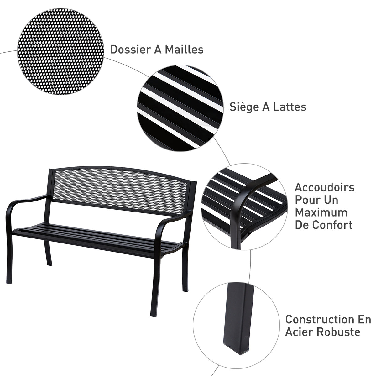 Banc 3 Places de Jardin terrasse Style Contemporain 127L x 60l x 87H cm métal époxy anticorrosion Noir-3