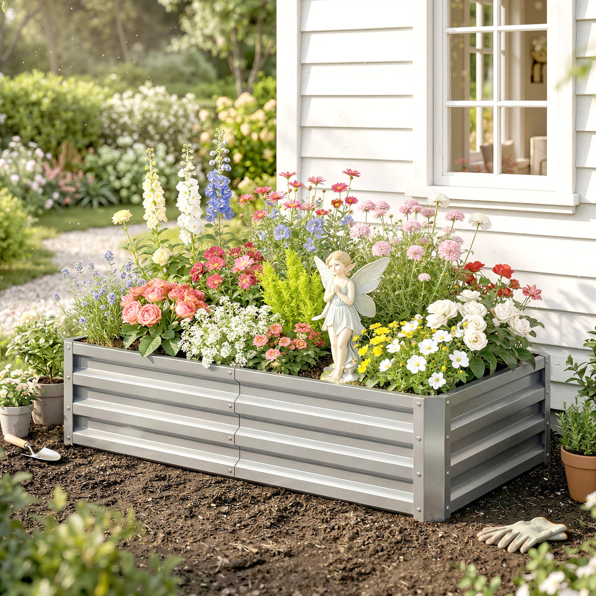 Carré potager de jardin rectangulaire tôle d'acier ondulée 120 x 60 x 30,5 cm argent-8