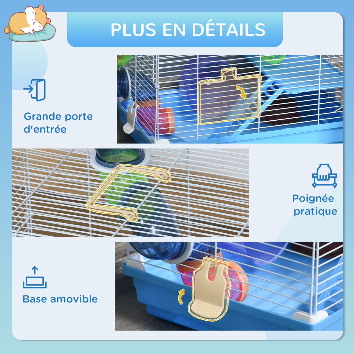 Cage à hamster rongeur 2 niveaux avec tunnel, biberon eau, roue, maisonnette, échelles dim. 46L x 30l x 37H cm, bleu-5