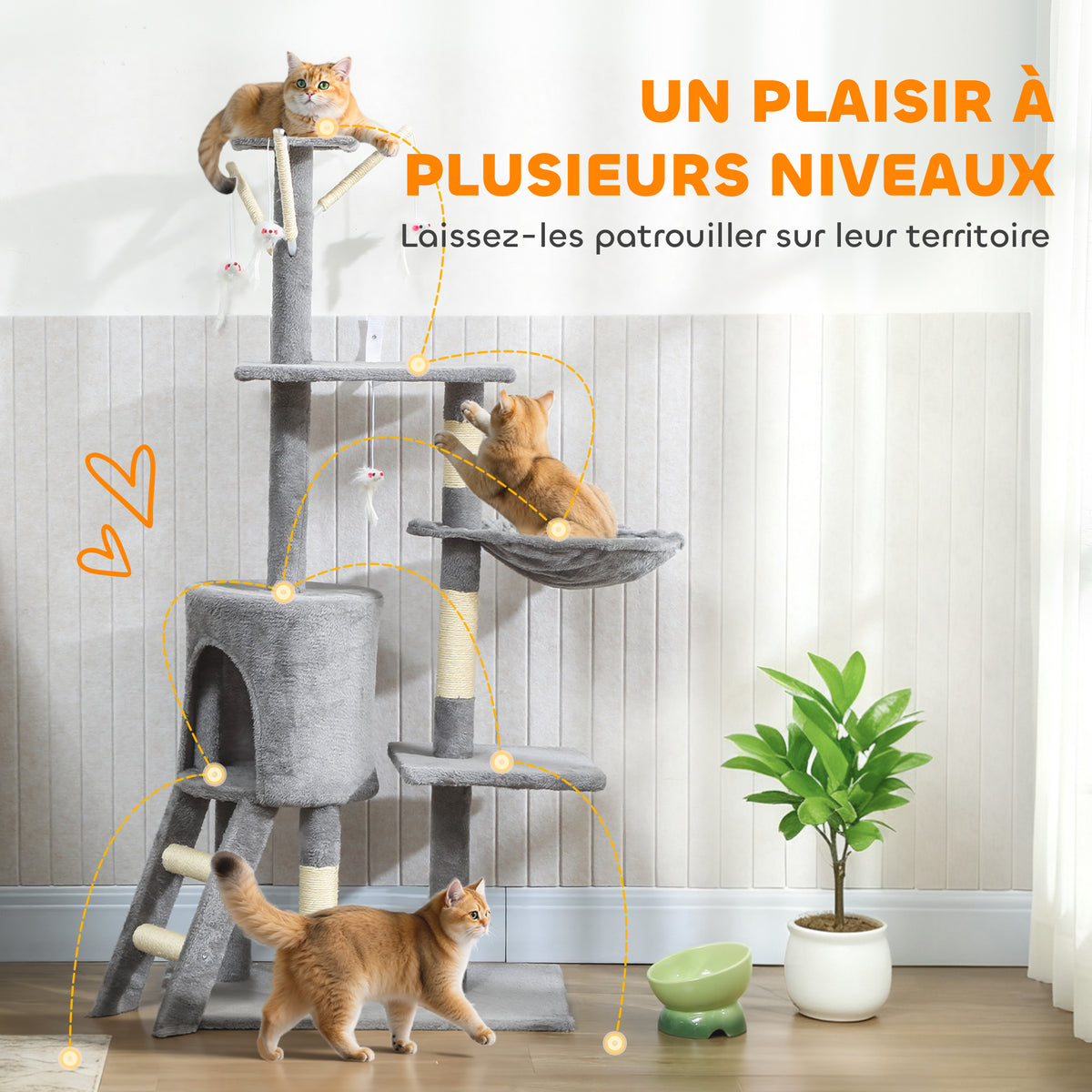 Arbre à Chat Tour de Jeux pour Chats Stable Multi-Niveaux avec Niche 3 Plate-Formes Hamac 60x35x134cm Gris-3