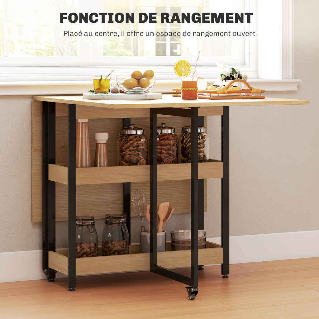 Table à manger pliante sur roulettes 4 personnes avec compartiments ouverts, pour petits espaces, salle à manger, chêne-4