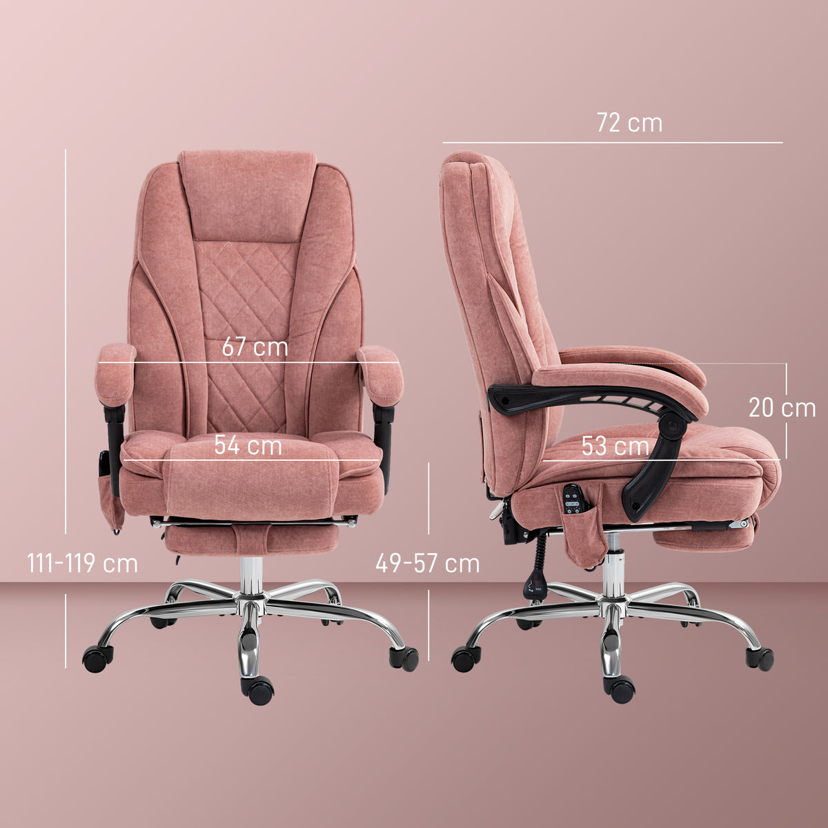 Fauteuil de bureau massant et chauffant hauteur réglable dossier inclinable télécommande repose-pieds rétractable rose-2