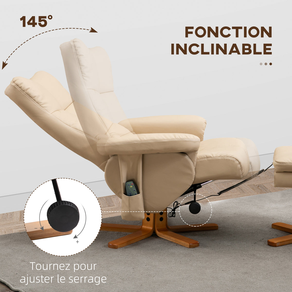 Fauteuil relax massant avec pouf, fauteuil de relaxation pivotant à 360°, dossier inclinable, 80 x 86 x 99 cm, crème-3