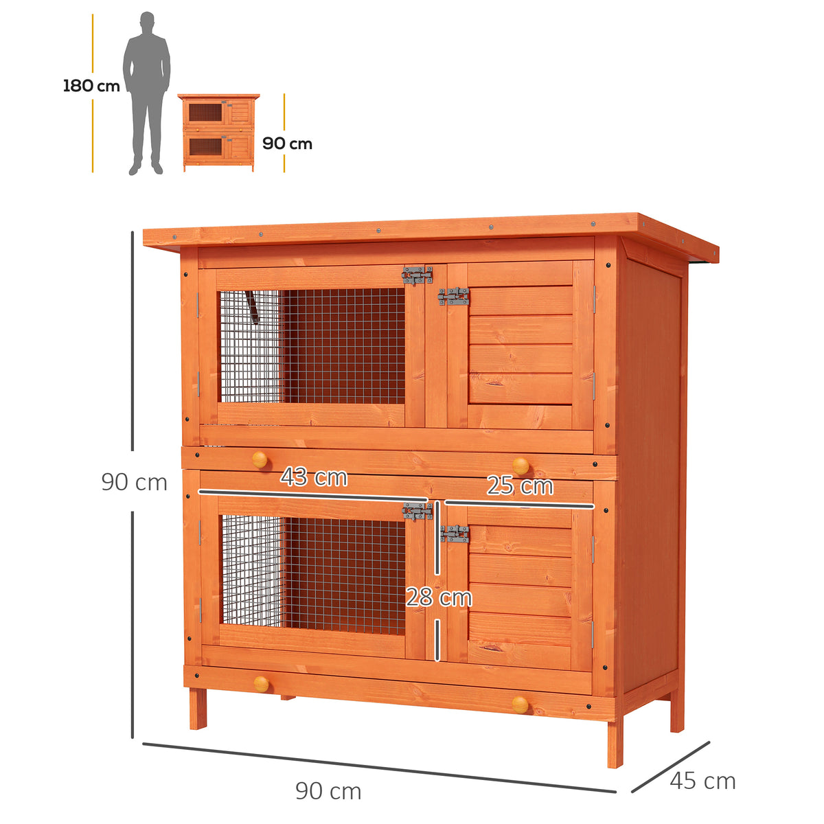 Clapier à lapin cage à lapin double niveau plateaux coulissants 4 portes verrouillables toit ouvrant 90L x 45l x 90H cm-2