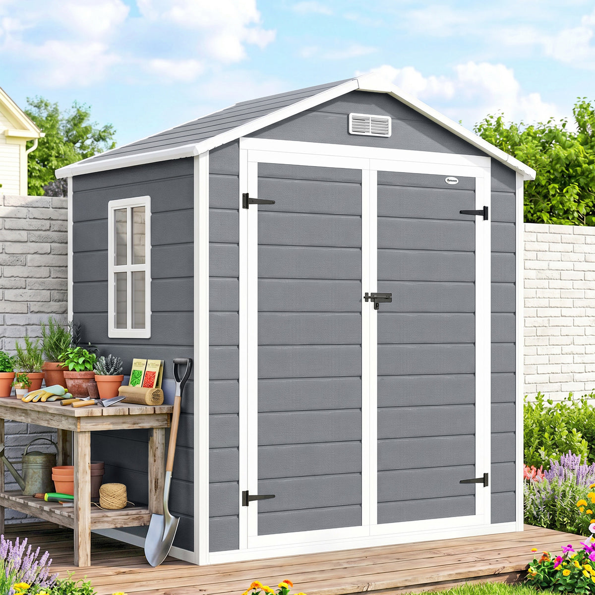 Abri de jardin cabanon en résine polypropylène 2,12 m² - 2 portes 1 fenêtre et 1 grille d'aération, toit à pignon, gris-1