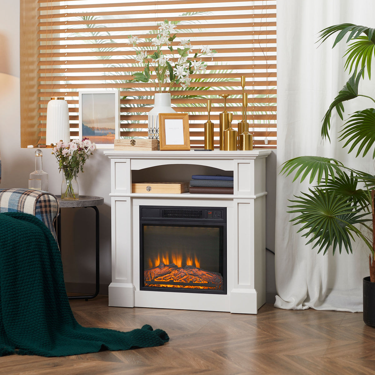 Cheminée électrique effet flammes LED luminosité réglable avec télécommande - 1800 W - 80,5 x 32,3 x 80,5 cm blanc-9