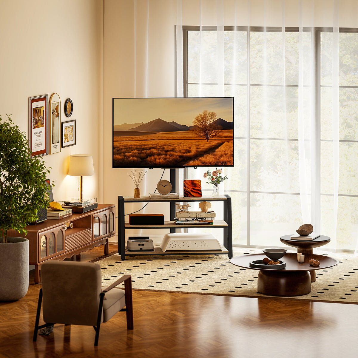Meuble TV avec support pour téléviseurs de 32-70 pouces, étagères ouvertes, angle ajustable 35°, 108x41x135cm, effet bois naturel-1