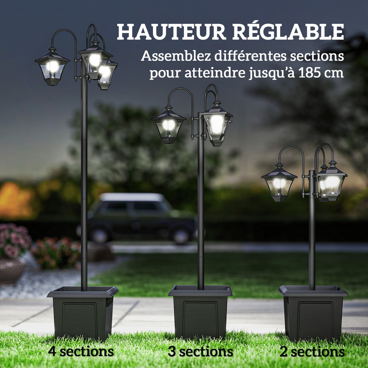 Lampadaire Extérieur sur Pied à 3 Têtes avec Bac à Fleurs, Capteur Automatique Crépuscule à L'aube, 52x52x185cm, Noir-7
