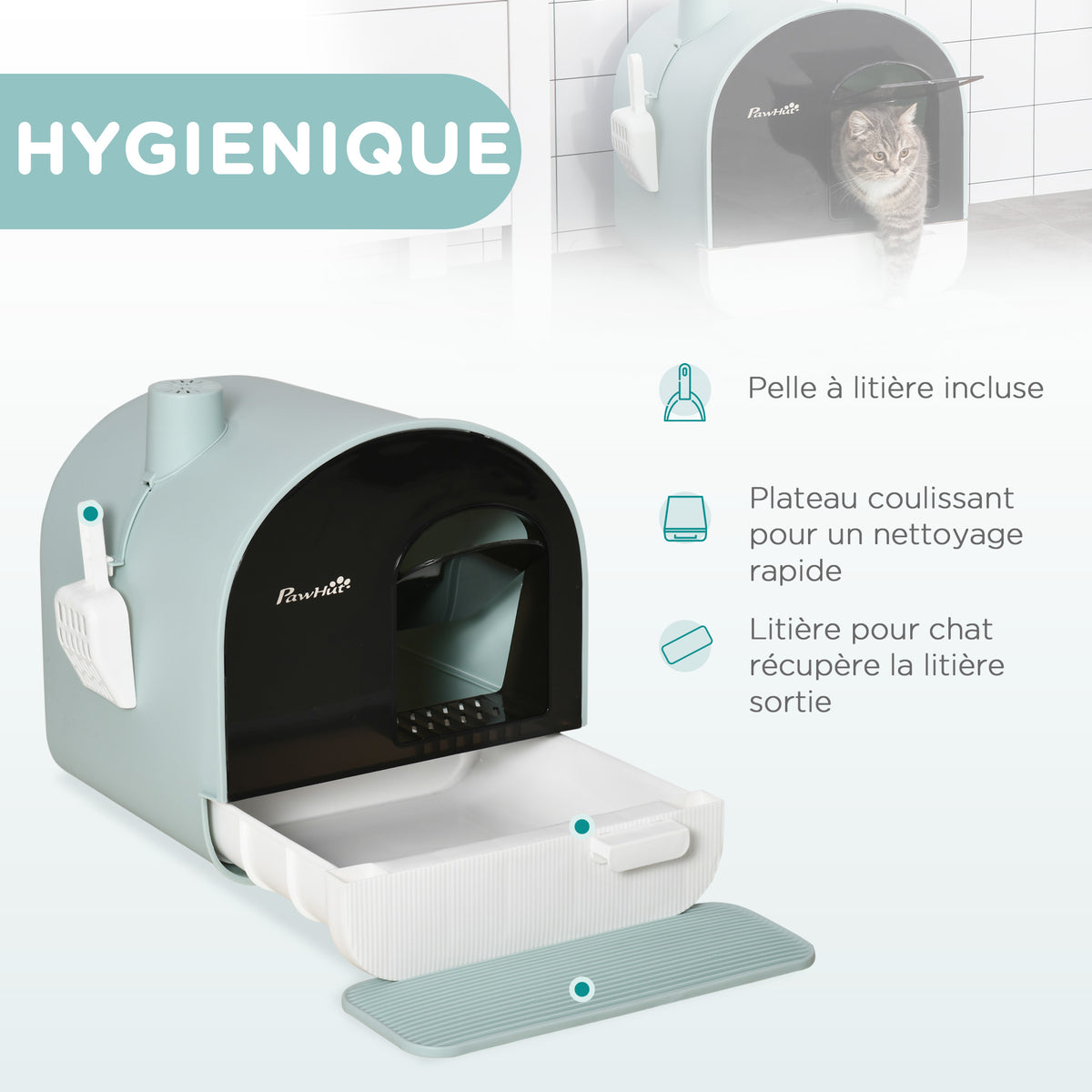 Maison de toilette pour chat avec tiroir amovible, bac à litière fermé avec tapis anti-trace, pelle, filtre anti-odeur et porte battante, nettoyage facile, 43 x 44 x 47 cm, vert-3