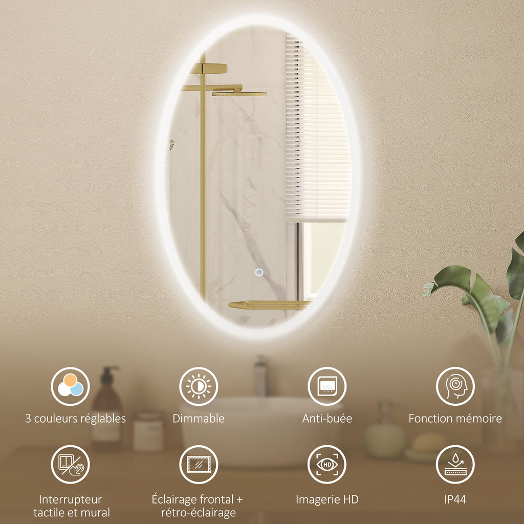 Miroir salle de bain avec éclairage 80 x 50 cm, miroir LED ovale, anti-buée, 3 couleurs lumière, dimmable, transparent-3