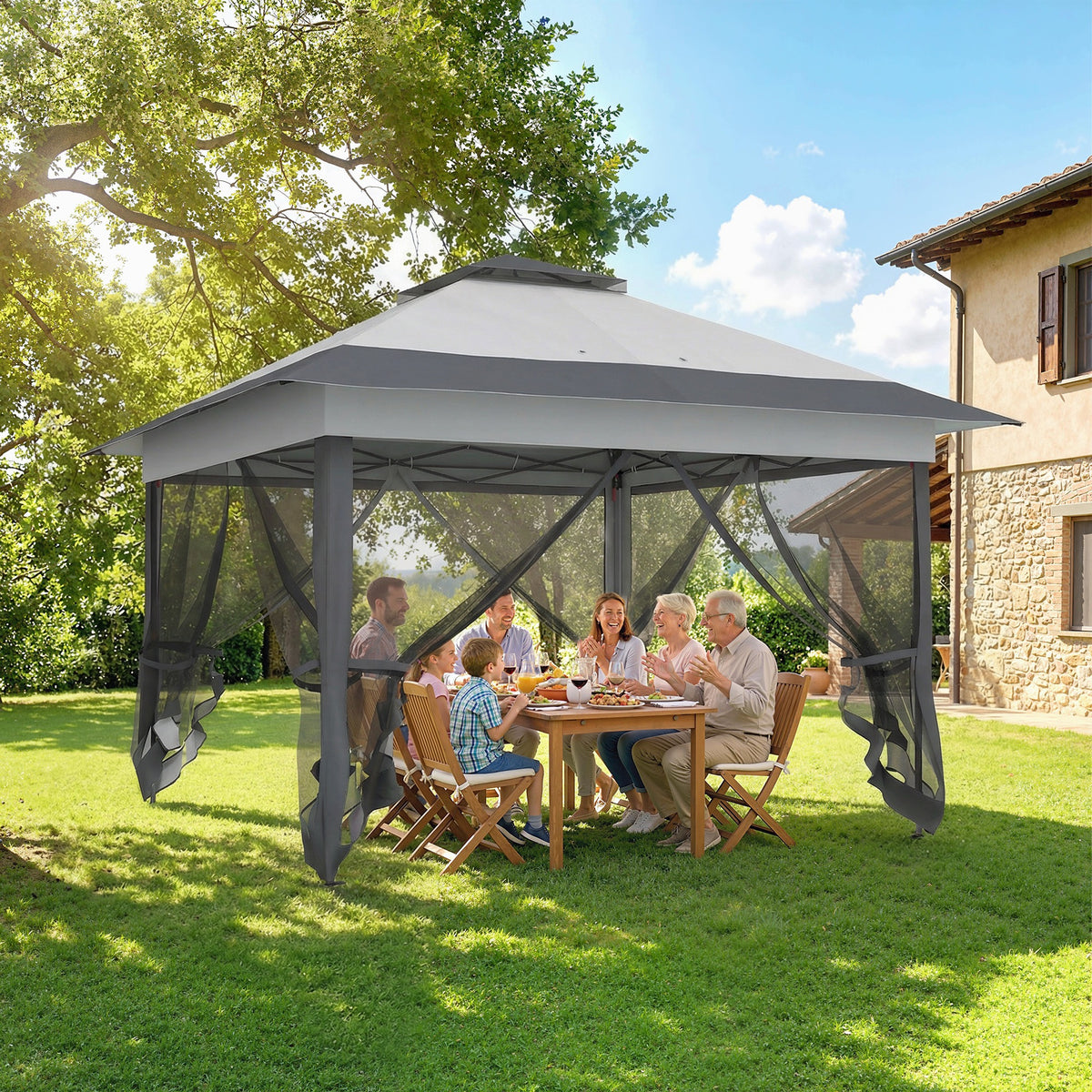 Tonnelle barnum de jardin pop-up pliant acier polyester moustiquaires + sac de transport à roulettes gris-9