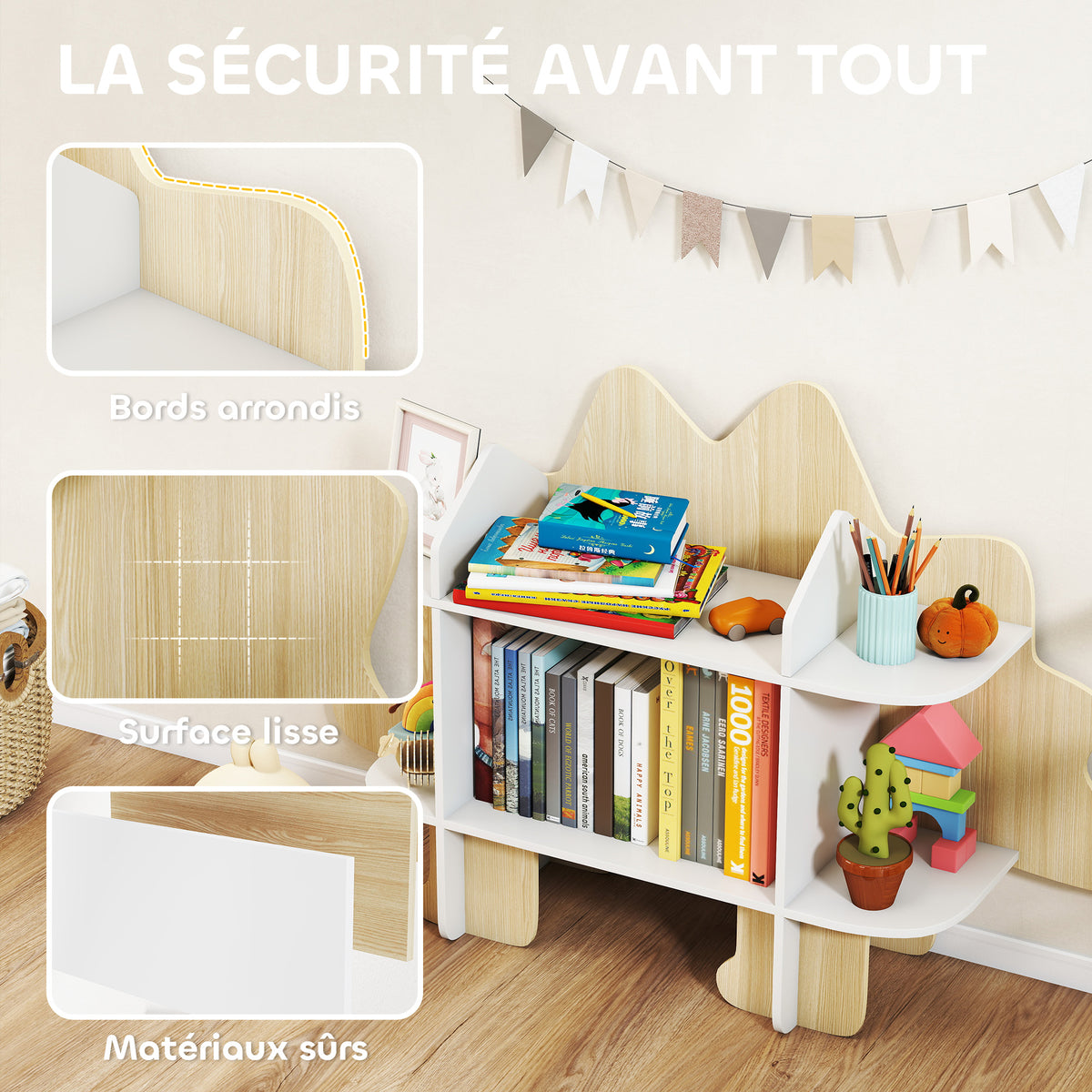Bibliothèque enfant meuble de rangement pour jouets et livres 6 compartiments 120x28x72,2cm bois naturel-4