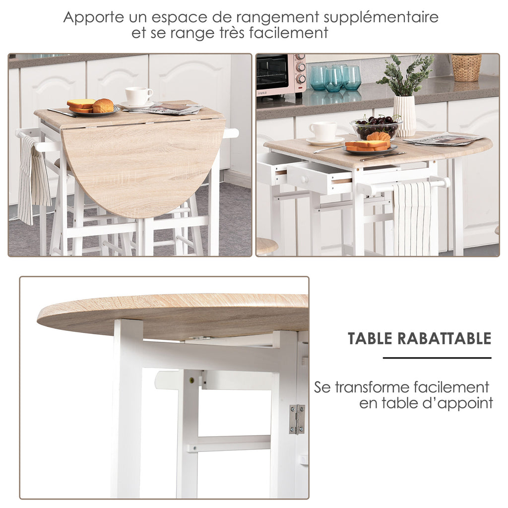 Ensemble Table de Bar Pliable sur roulettes avec étagère et 2 tiroirs + 2 tabourets Bois pin MDF Blanc chêne Clair-3