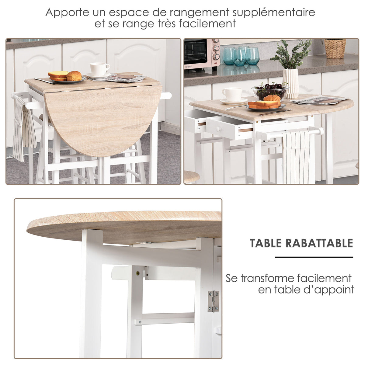 Ensemble Table de Bar Pliable sur roulettes avec étagère et 2 tiroirs + 2 tabourets Bois pin MDF Blanc chêne Clair-3