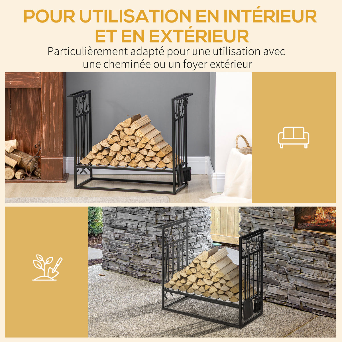 Porte-bûches range bûches étagère à bois de cheminée serviteur de cheminée multi-accessoires dim. 75L x 30l x 60H cm acier noir-5