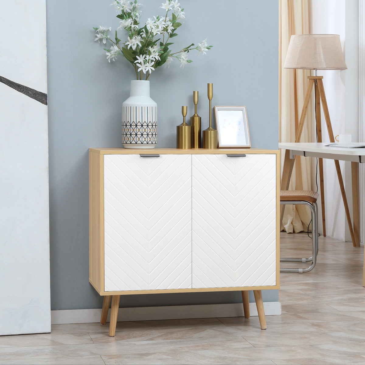 Buffet salon, meuble de rangement avec 2 portes et étagère réglable, 77 x 35 x 77,5 cm, blanc et bois naturel-1