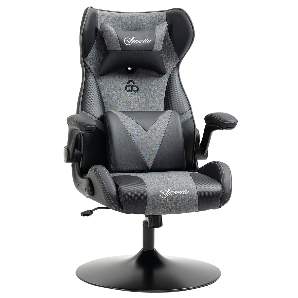 Chaise de gaming ergonomique avec base ronde hauteur réglable accoudoir relevable coussins tétière et lombaires PU gris noir-0