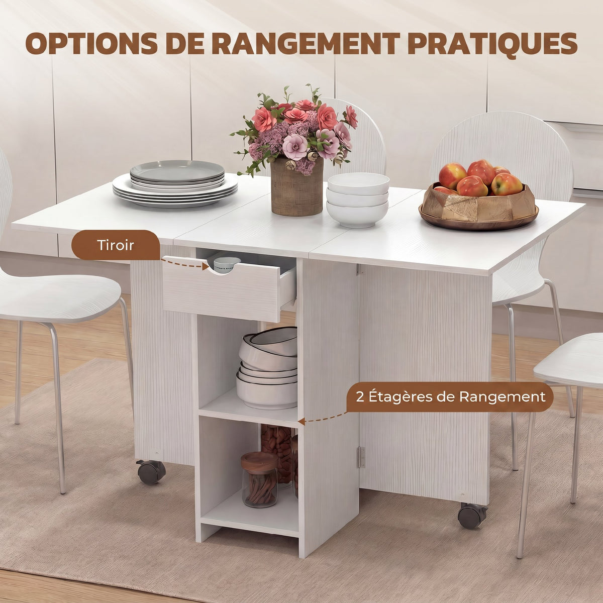 Table à Manger Pliante, Table de Cuisine Extensible pour 2 à 4 Personnes, 2 Abattants, 120 x 72 x 75 cm, Blanc-3
