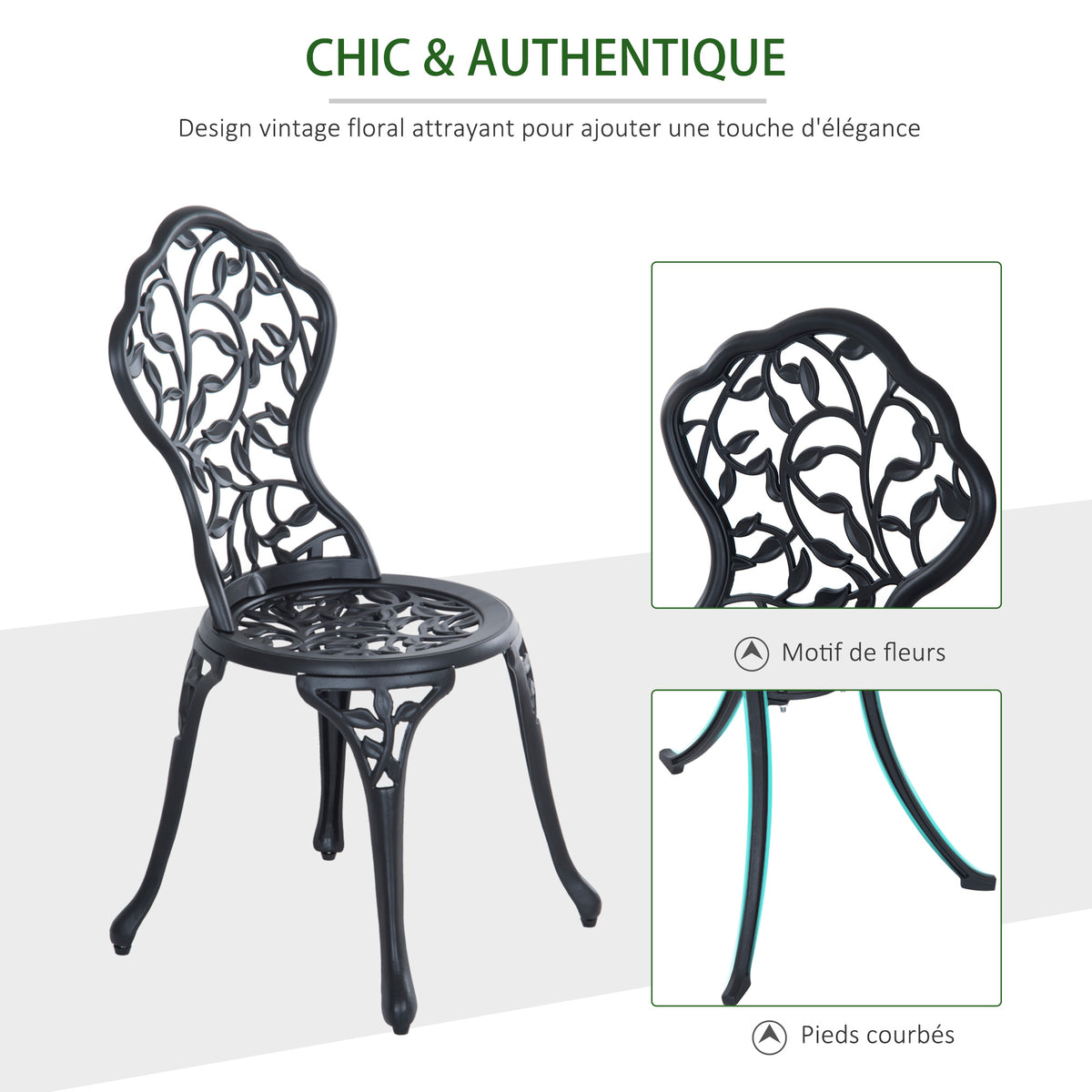 Ensemble de bistrot 3 pièces avec 2 chaises et 1 table ronde style antique, pour jardin, terrasse, balcon, noir-3