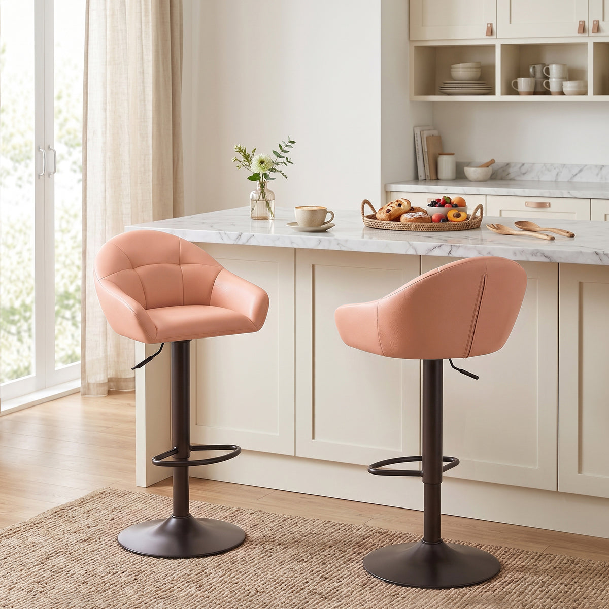 Lot de 2 Tabourets de Bar, Hauteur Réglable, Pivotant 360°, Dossier, Accoudoirs, Repose-Pieds, 49,5x48,5x108cm, Marron-1