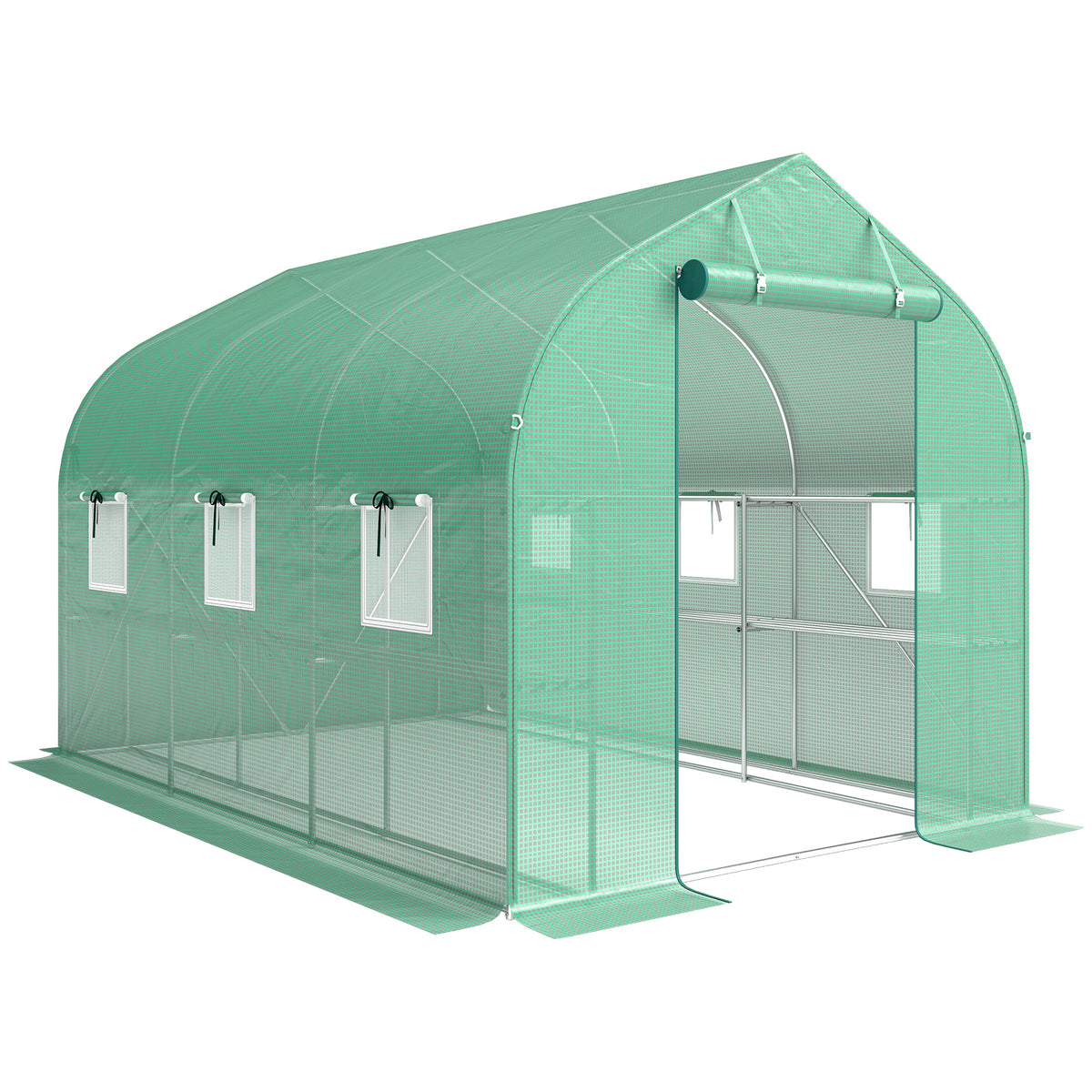 Serre tunnel de jardin 6m², serre de jardin avec étagères, porte et 6 fenêtres, cadre en acier galvanisé, vert-0