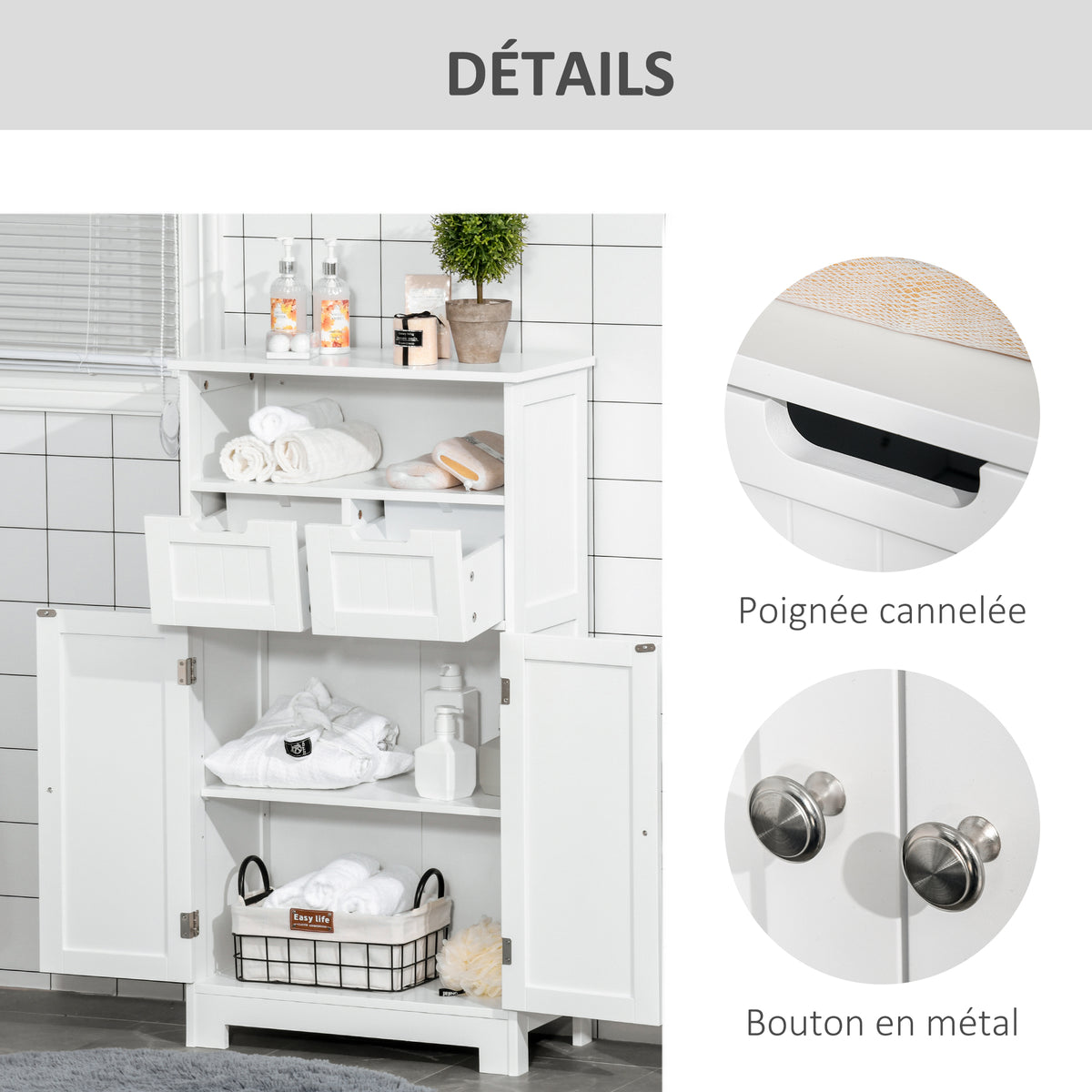 Meuble de salle de bain, meuble de rangement avec 2 tiroirs, niche, placard avec porte, étagère réglable, armoire de salle de bain, cuisine, salon, 60 x 30 x 109 cm, blanc-4