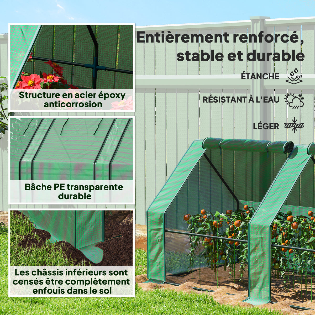 Mini Serre de Jardin mini serre tunnel 4 fenêtres avec Zip enroulables Acier PE 140 g/m² Anti-UV 360x90x90cm Vert-4