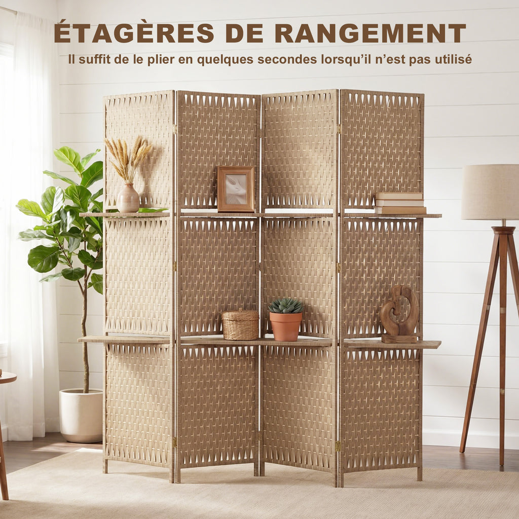 Séparateur de pièces 4 panneaux 2 étagères pliables naturel paille-6