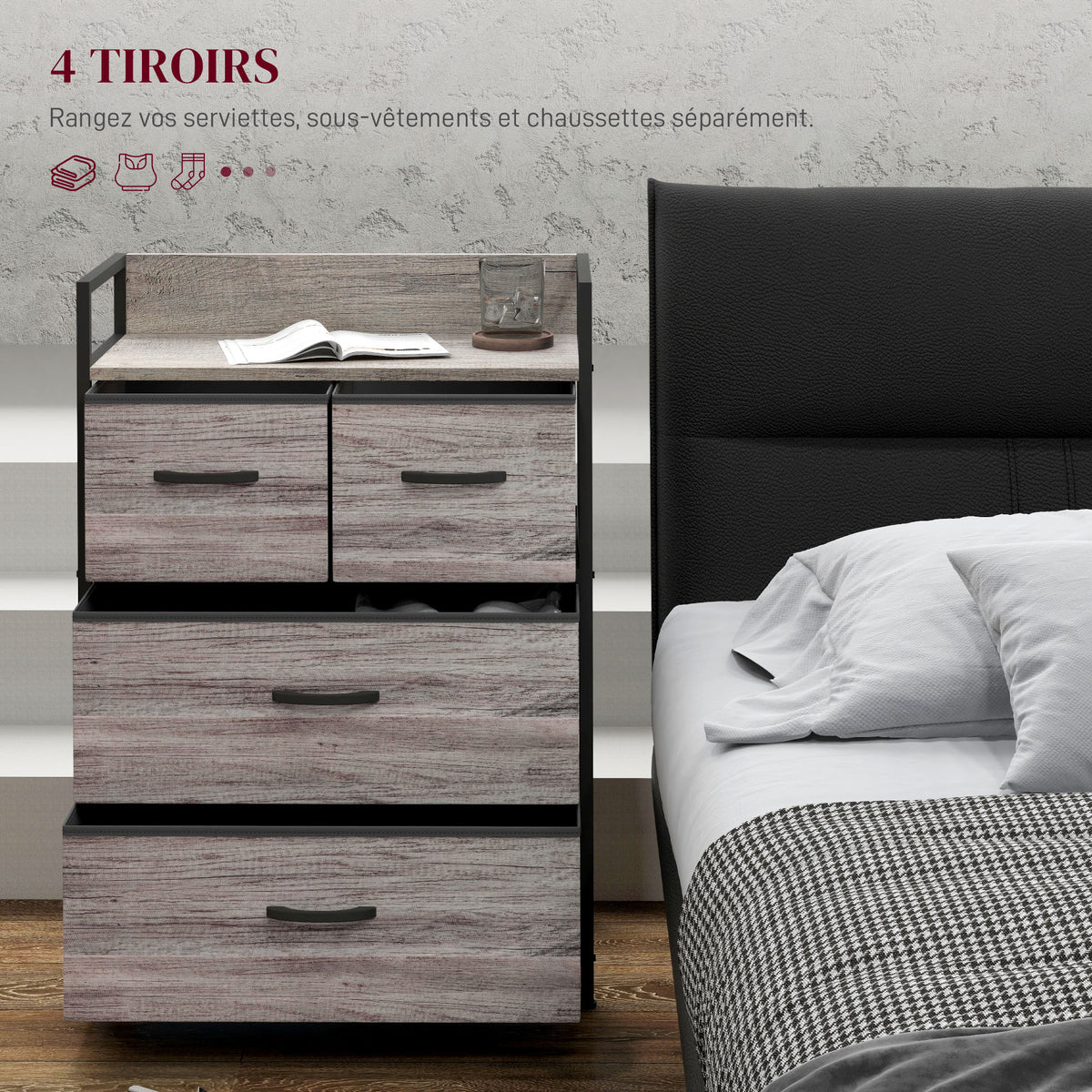 Meuble de rangement style industriel commode 4 tiroirs en tissu pliables et amovibles et 1 étagère 60 x 29 x 85 cm gris-3