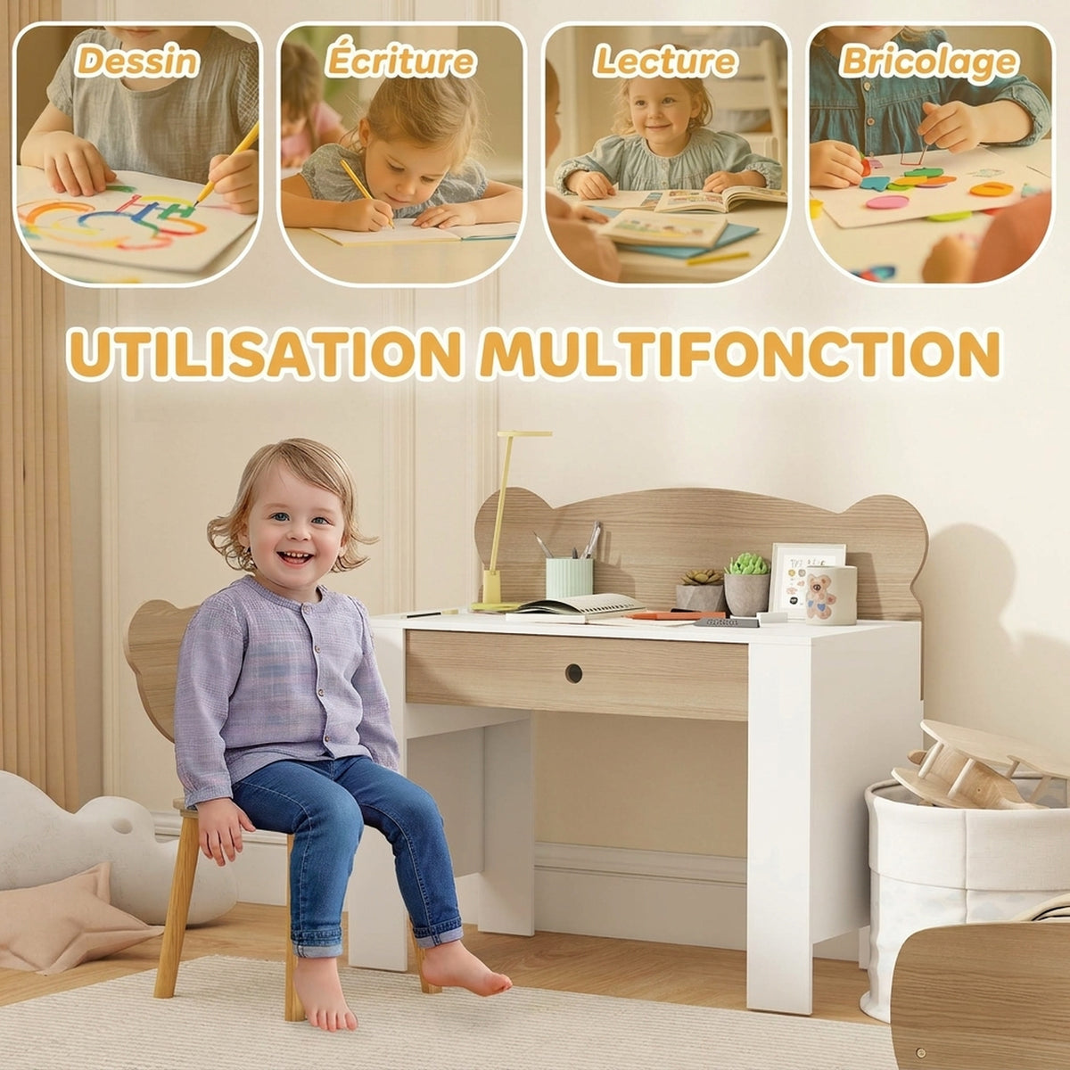 Bureau enfant avec chaise, table enfant et chaise avec tiroir et large plateau, 80 x 41 x 74,5 cm, bois naturel-3