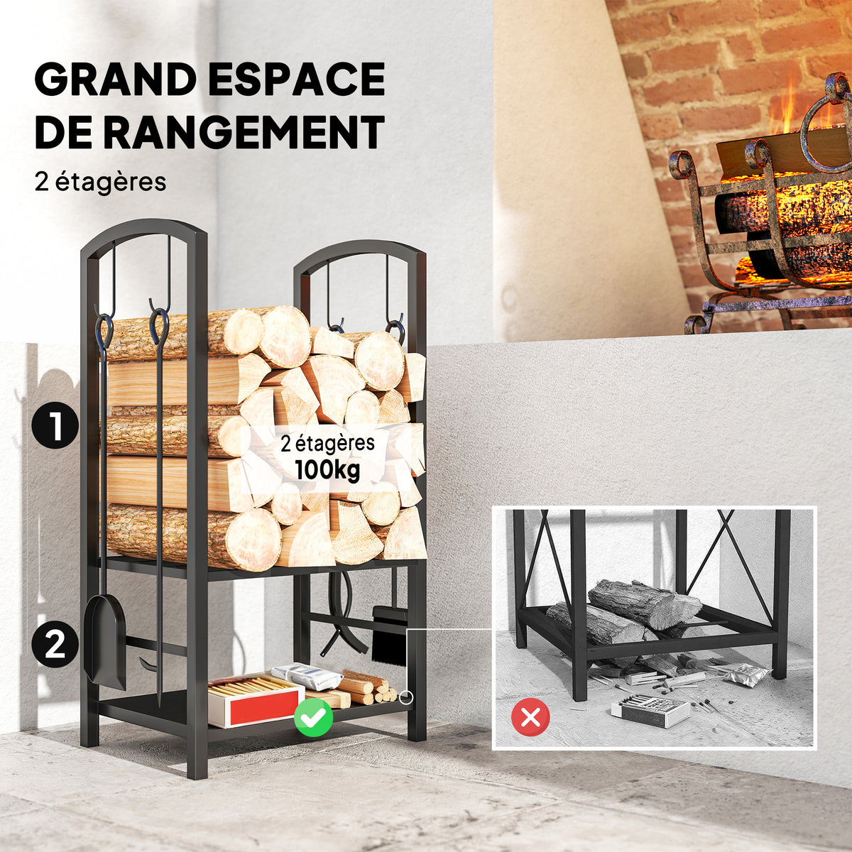 Porte bûches - Range bûches Serviteur de cheminée - Multi Accessoires 2 étagères 40L x 30l x 75H cm métal Noir-3
