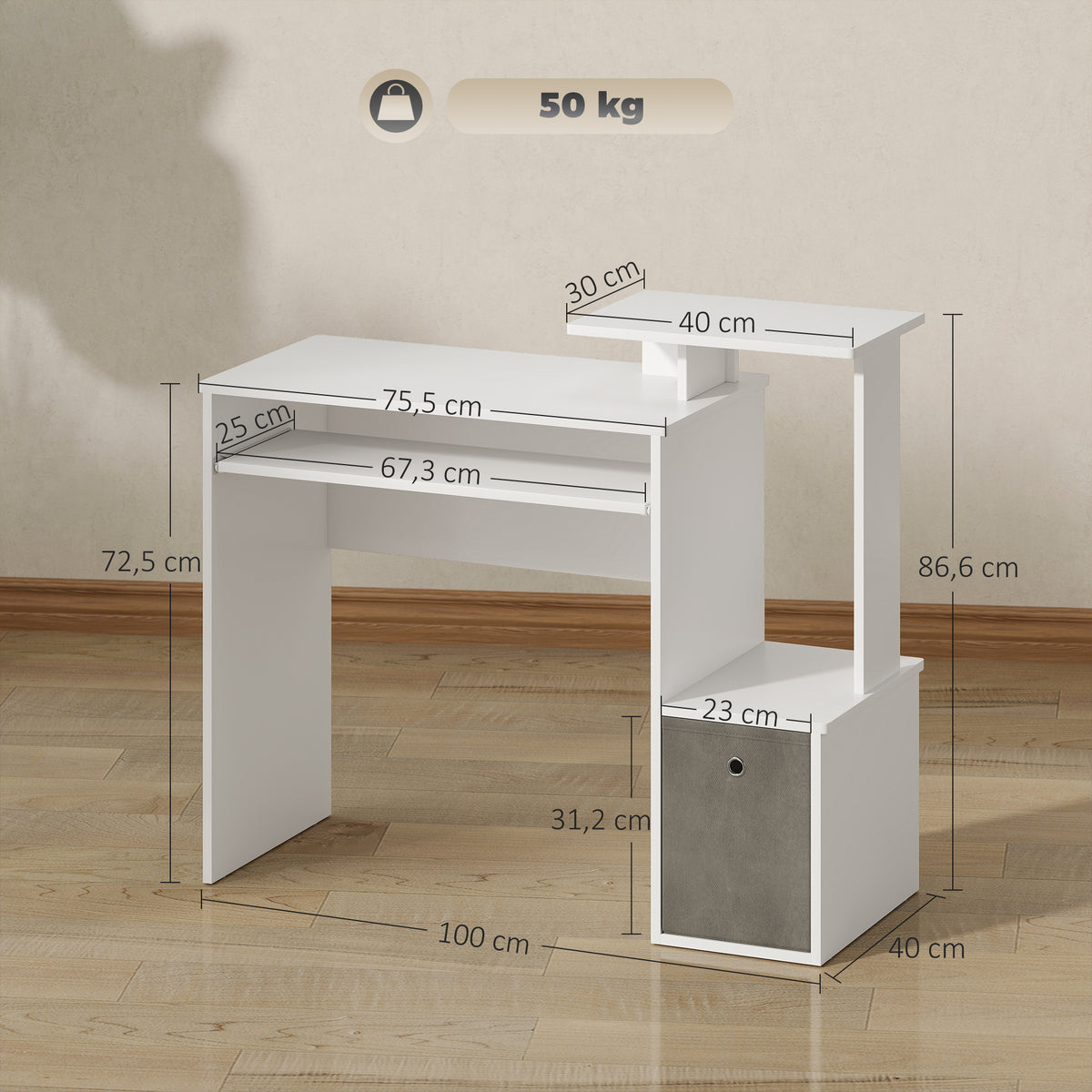 Bureau Informatique multimédia étagères Tablette Clavier Panier Gris Panneaux Particules Blanc-2