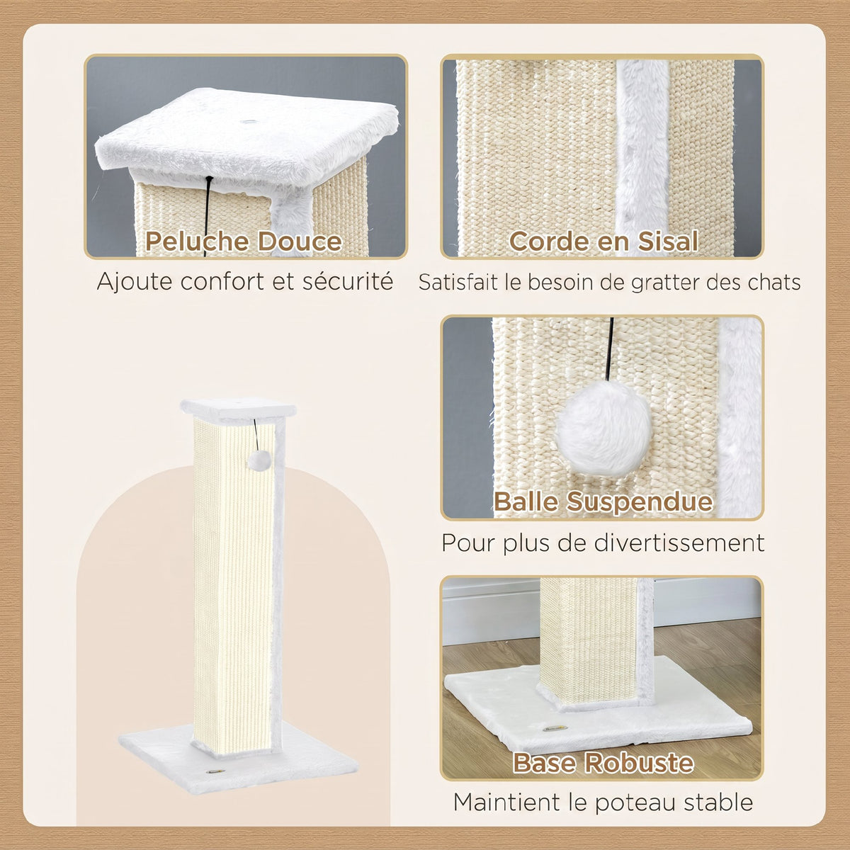 Griffoir pour chat poteau griffoir chat en sisal et peluche, boule suspendue base stable 41 x 41 x 81 cm blanc et crème-4