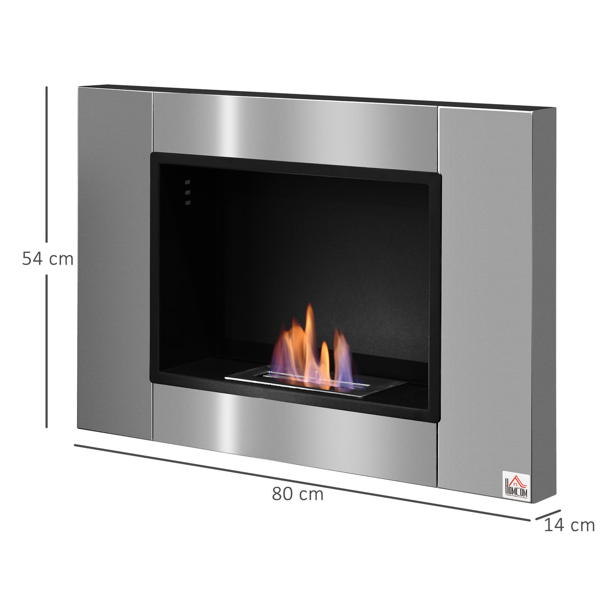 Cheminée bioéthanol Murale encastrable brûleur 0,9 L, environ 3 h de durée de combustion 80L x 14l x 54H cm Couverture 25-30 m² Acier inox-2
