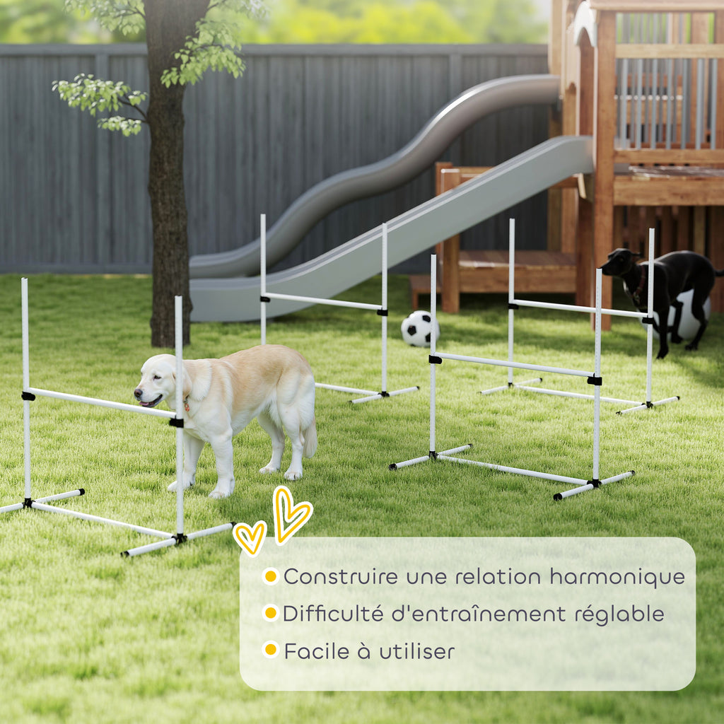 Agility pour Chiens, Kit Agility Chien Parcours, Set de 4 Obstacles Professionnels Hauteur Réglable, Système de Maintien au Sol, Sac de Transport, Jeux Intéressants, Entraînement, Blanc-6