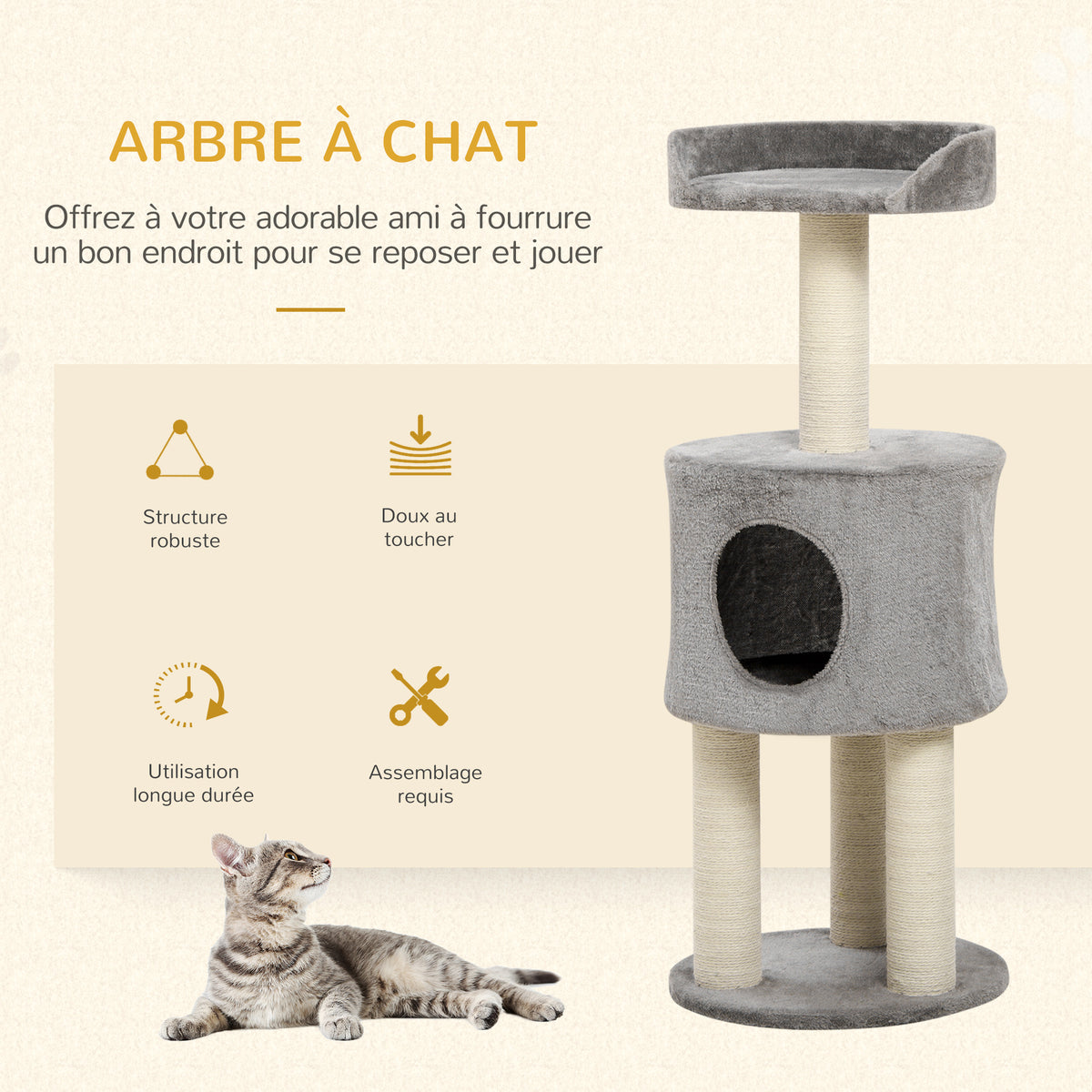 Arbre à chat griffoirs grattoirs sisal naturel arbre à grimper niche plate-forme en peluche hauteur 103 cm gris-3